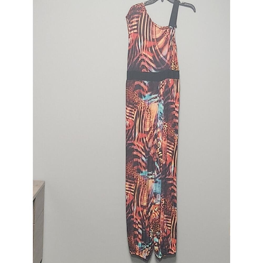 Monif C Jumpsuit Women's 2 Red Black One Sleeve Flared Legs Harem Vibrant Safari